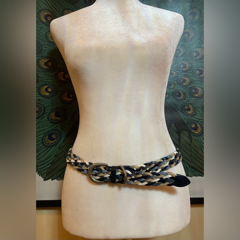 Black, Tan and White & Blue Boho Western Braided Leather Belt with Silver Buckle
